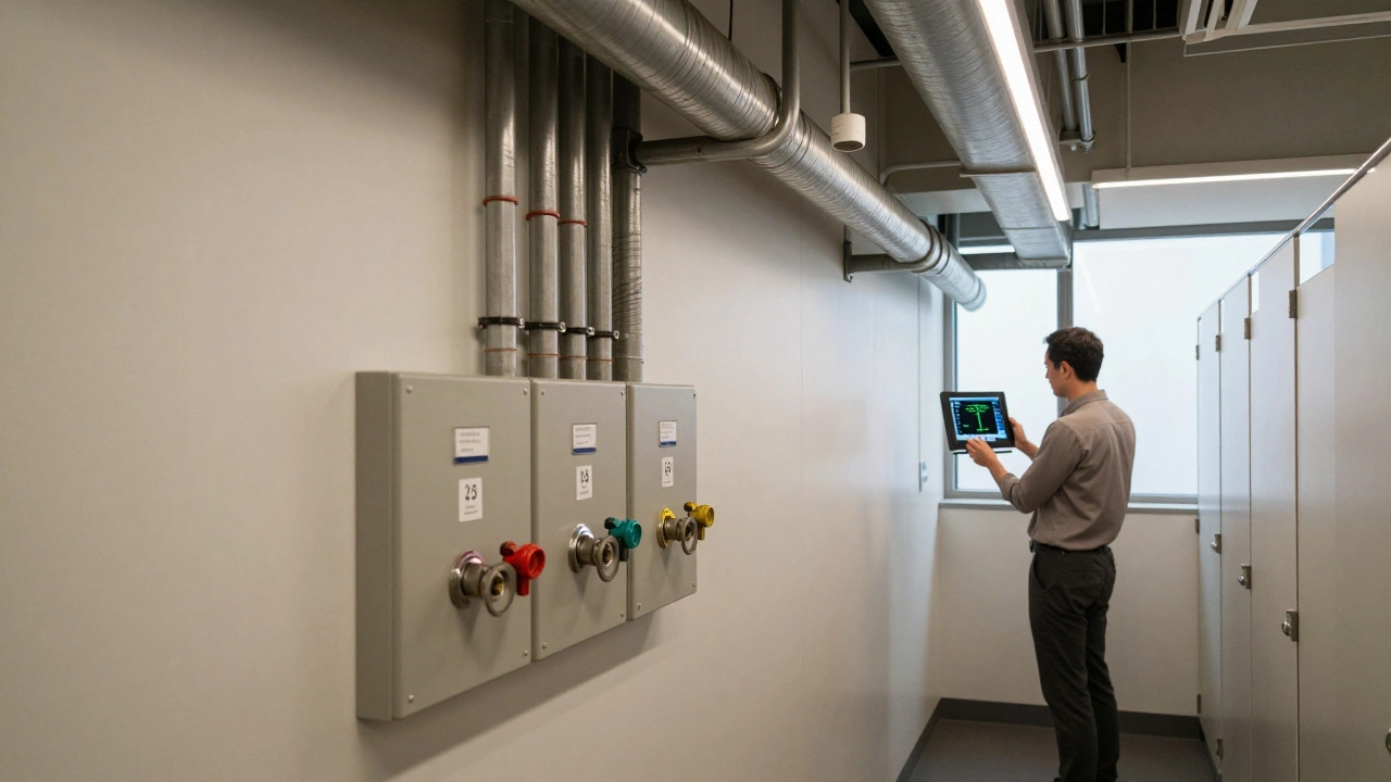 A maintenance corridor behind library restrooms with organized pipes, ducts, and accessible service panels.
