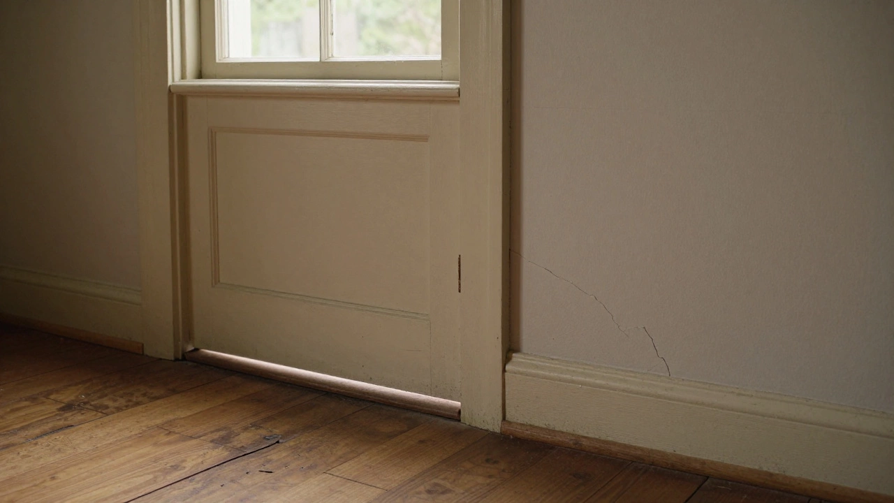 A misaligned door and sloping floor in an old home, with a crack running up the wall behind it.