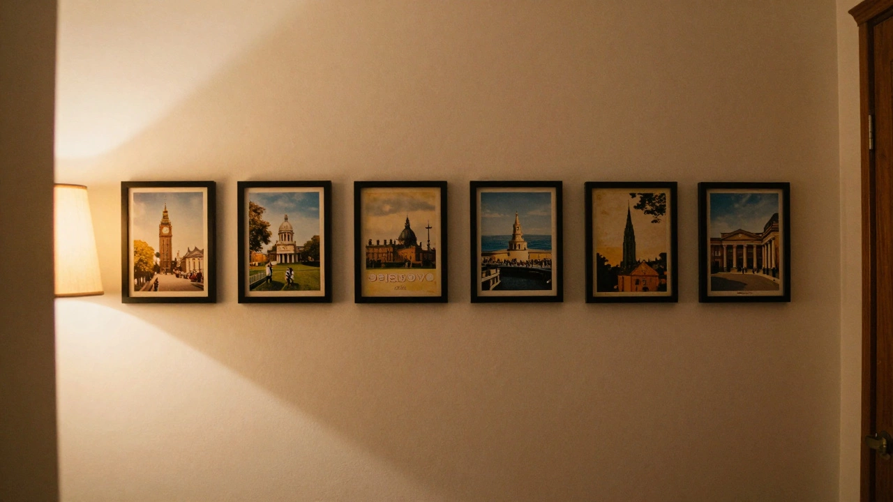 A narrow hallway decorated with a row of six vintage travel postcards in uniform black frames.