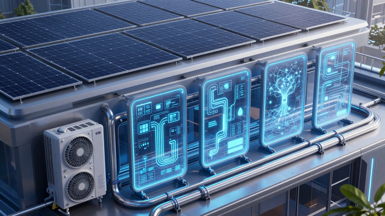 A smart building's service systems in 2030 with AI monitors, solar integration, and modular conduits for easy upgrades.