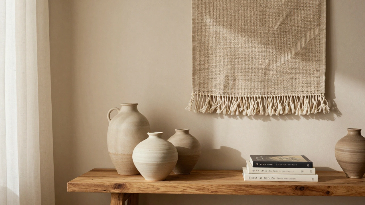 An accent wall in warm beige with ceramic vases, a woven tapestry, and raw wood shelves under natural light.
