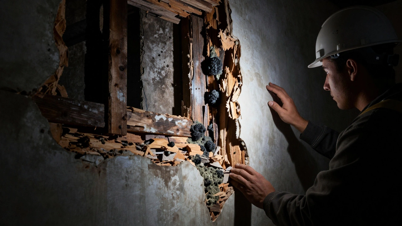 Close-up of rotting timber and mold during demolition in an old home.