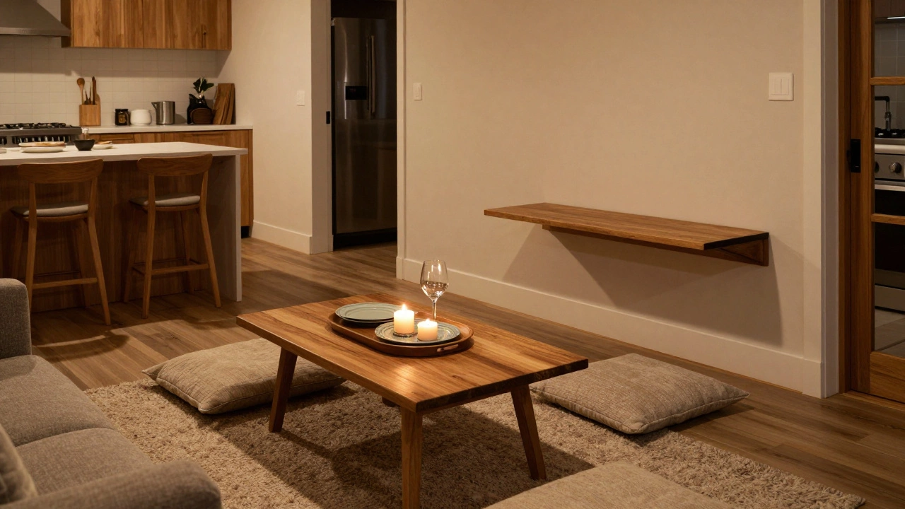 Coffee table used as a dining spot with trays and floor cushions in a cozy living area.