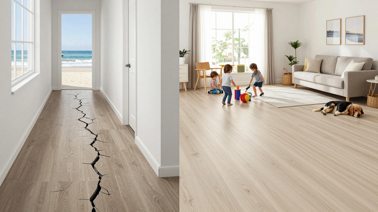 Contrasting images of damaged laminate and durable LVP flooring in coastal home environments.