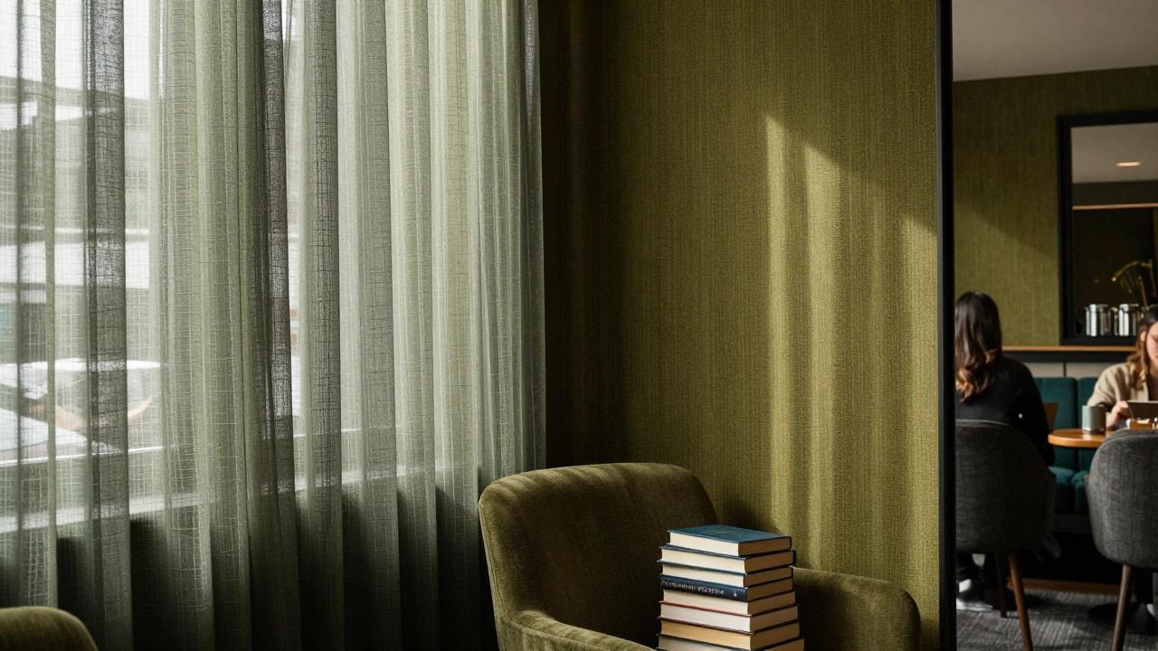 Deep olive grasscloth wall in a cozy hotel reading lounge with sunlight filtering through curtains.