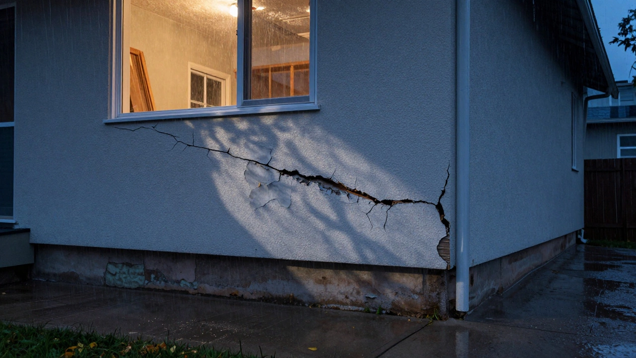 Horizontal crack bowing inward on basement wall with water pooling near foundation.