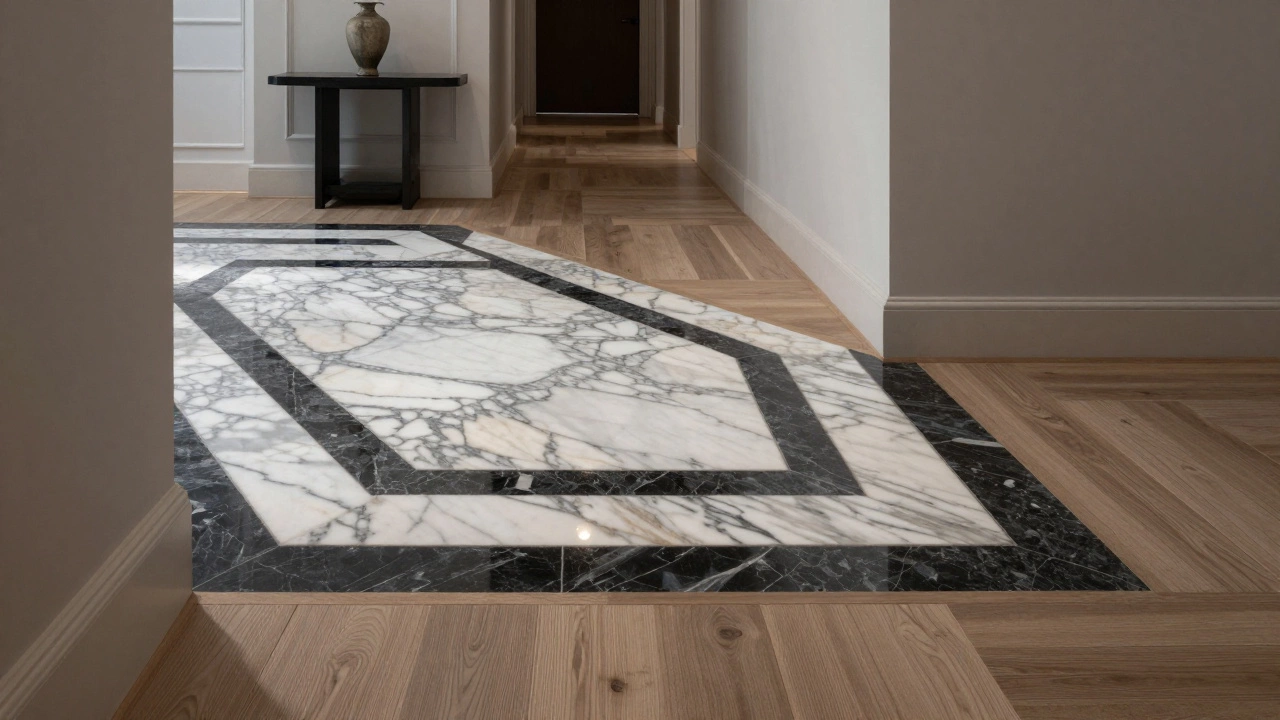 Marble and oak flooring transition in a luxury home foyer with geometric inlay.