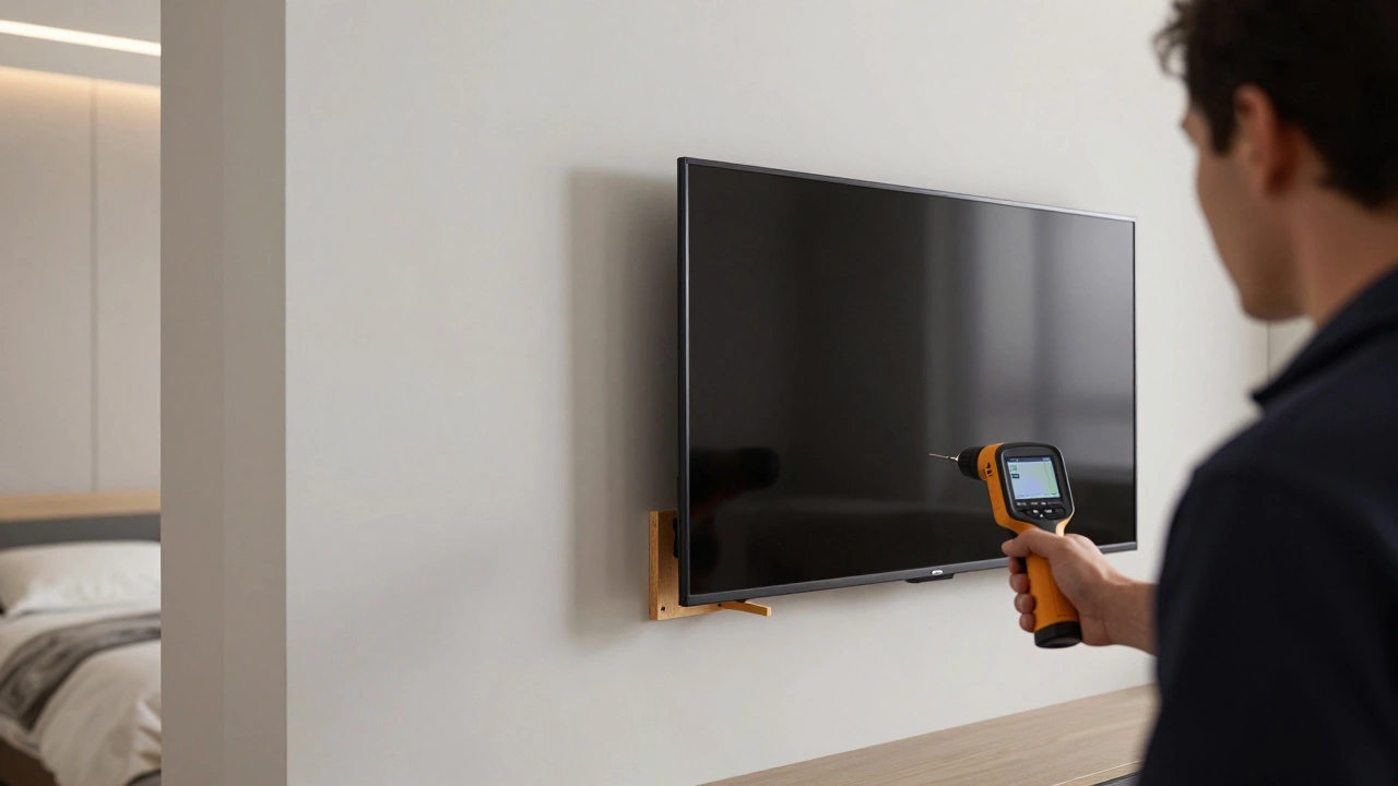 Professional mounting a TV into a wall stud while scanning with a thermal imaging camera.