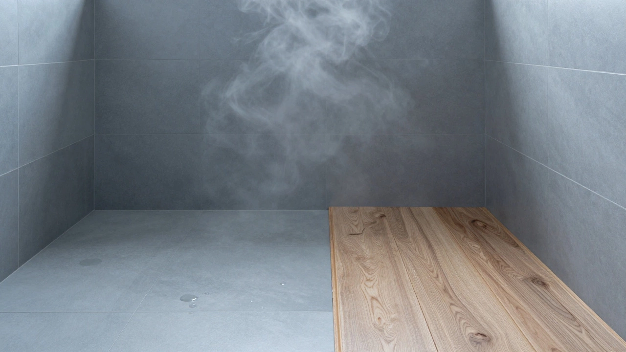 Side-by-side comparison of swollen laminate and intact LVP flooring in a humid bathroom.