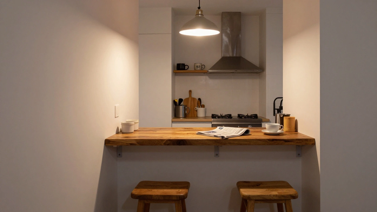 Wall-mounted breakfast bar with reclaimed wood and two stools in a compact kitchen.