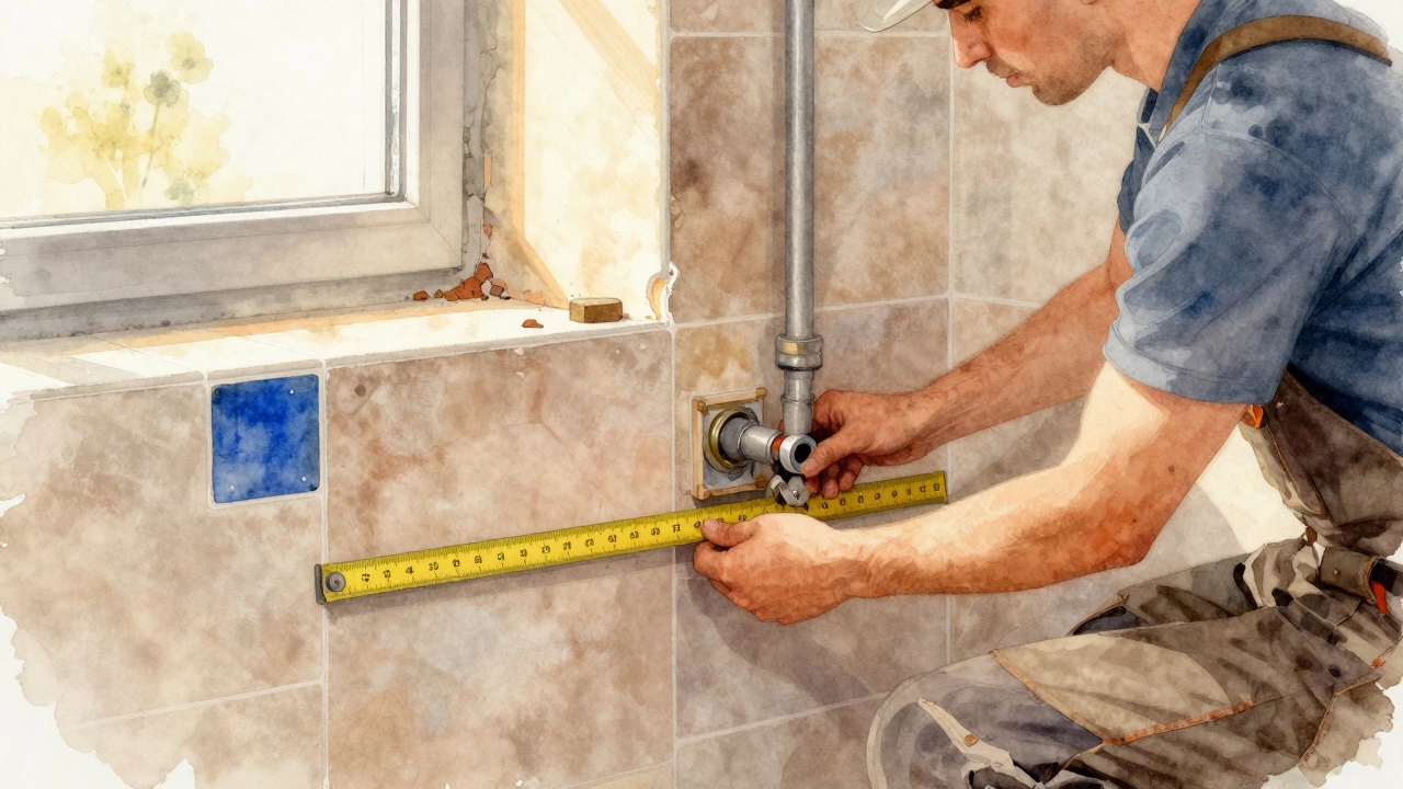 Watercolor style bathroom renovation with tiling and plumbing work.