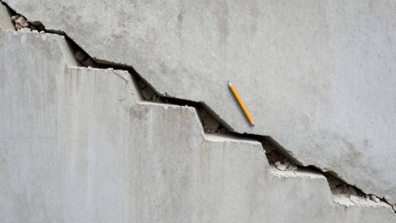 Wide stair-step crack in foundation wall with pencil for scale and soil inside.