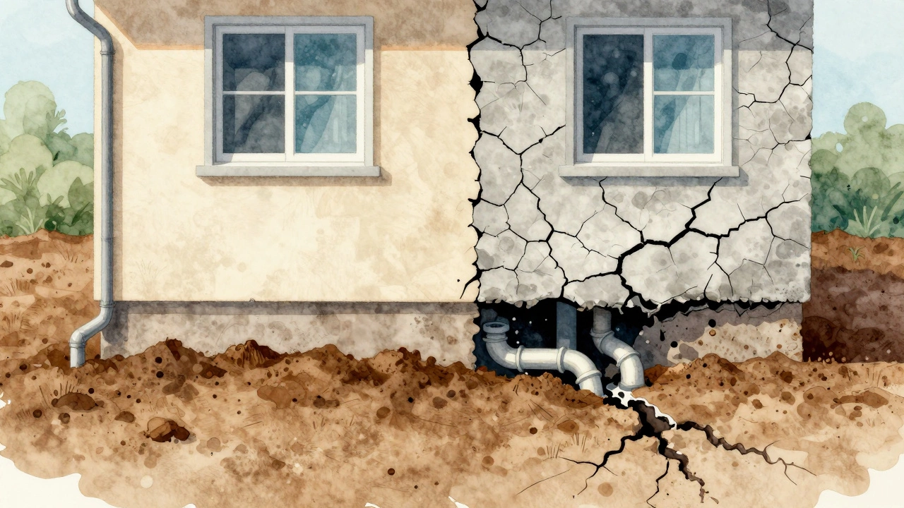 A house split in two: one side shows well-maintained foundation, the other shows cracked concrete and leaking pipes, symbolizing preventable damage.