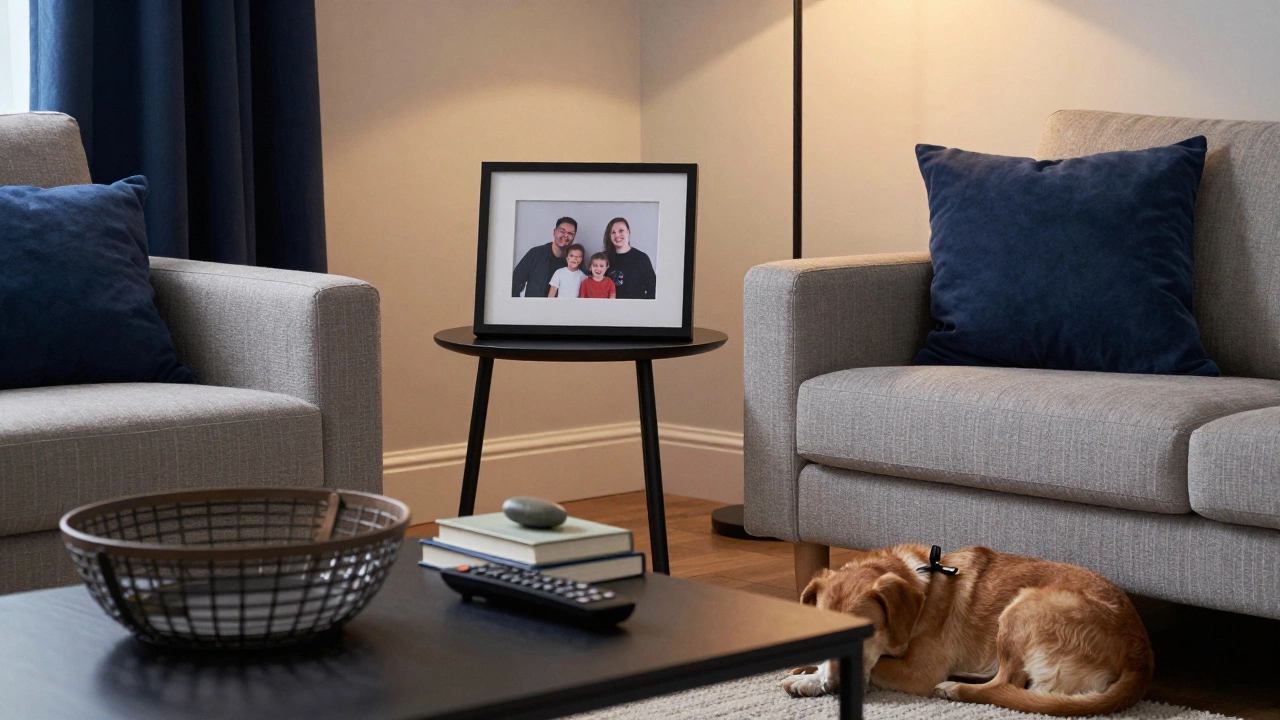 A lived-in living room with a family photo, a dog on a rug, and simple decor — warm, uncluttered, and deeply personal.