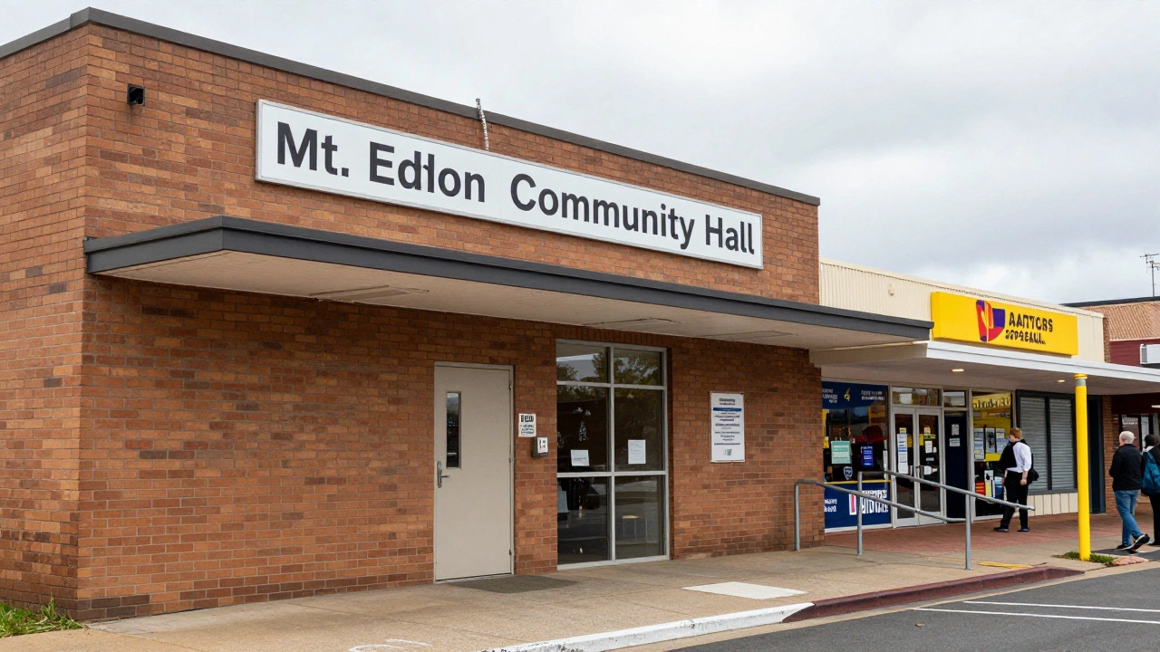 A quiet community hall next to a busy retail store, highlighting differences in building compliance and public access.