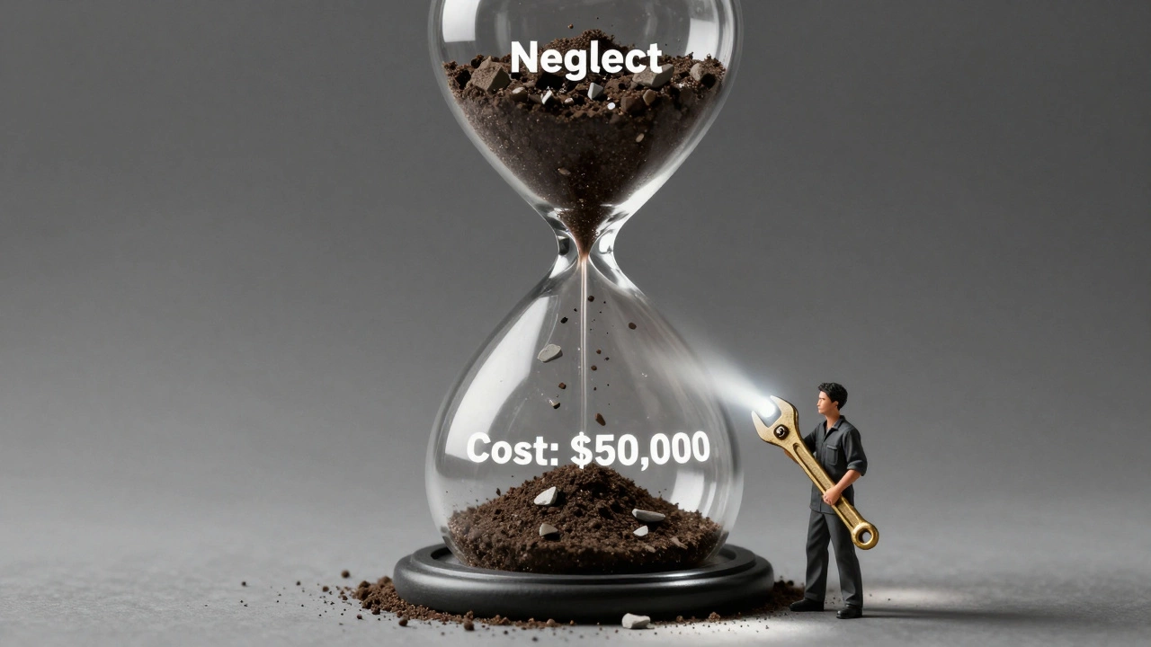 An hourglass filled with soil and concrete, labeled 'Neglect' to 'Cost: ,000', with a person holding tools, representing consequences of ignoring foundation issues.