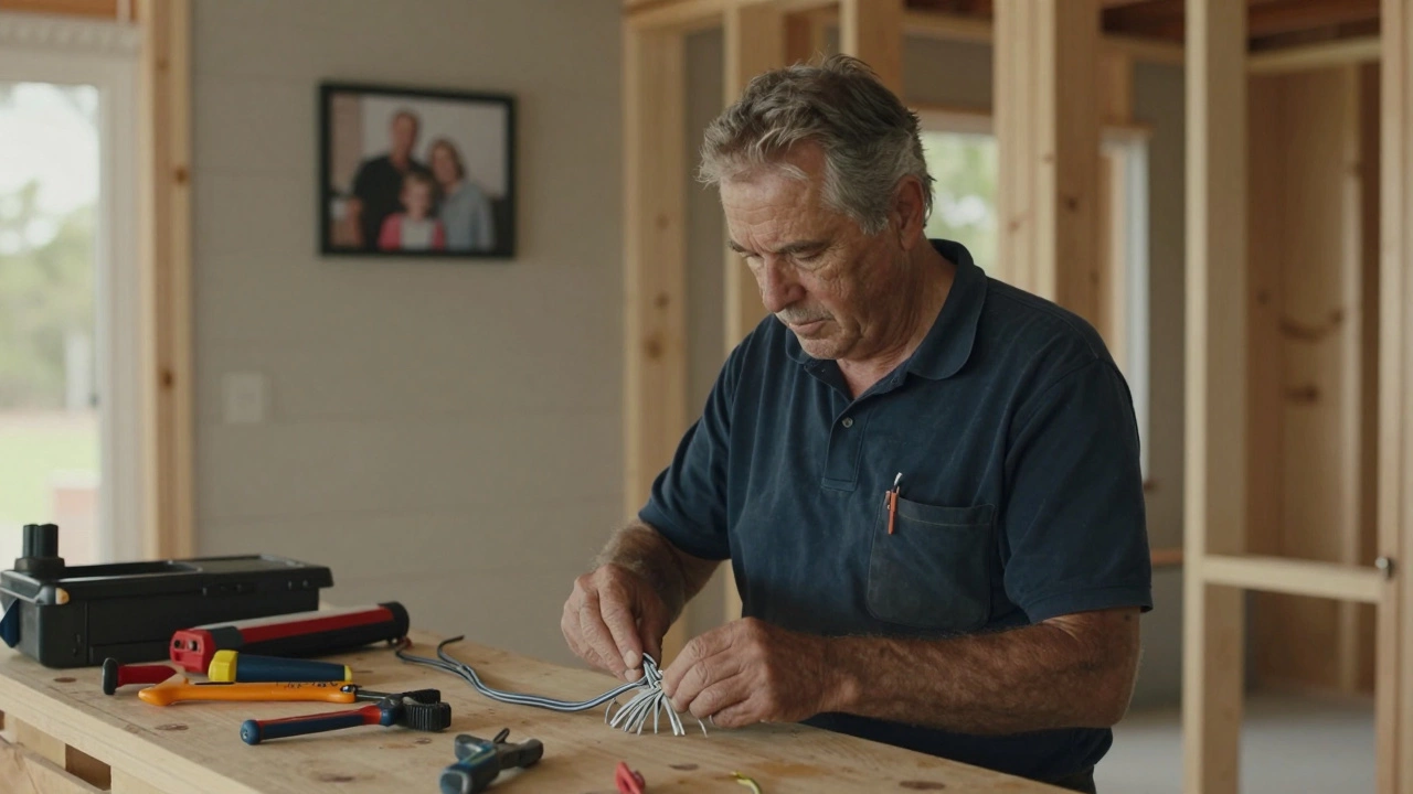 An older electrician installing wiring in a framed home, tools and family photo in background, soft indoor lighting.
