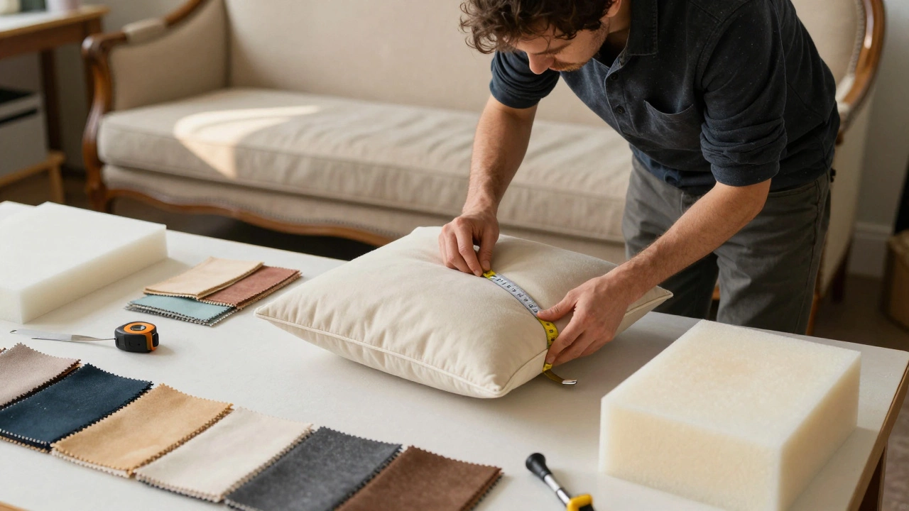 An upholsterer measuring a cushion in a workshop surrounded by fabric and foam samples.