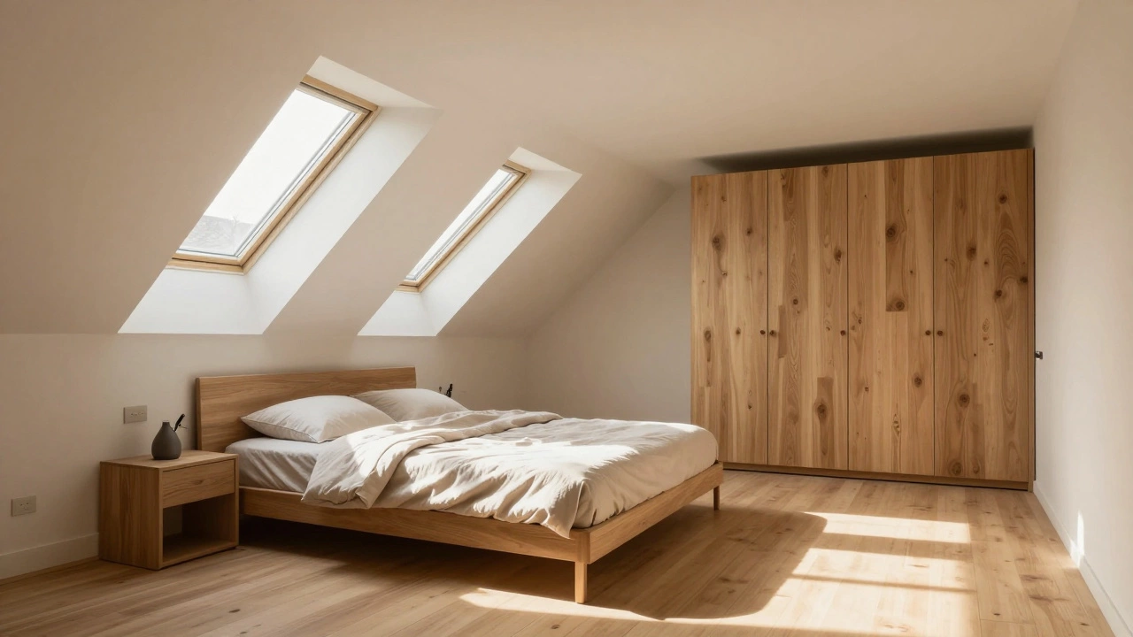 Bright converted loft bedroom with sloping ceiling and modern furniture