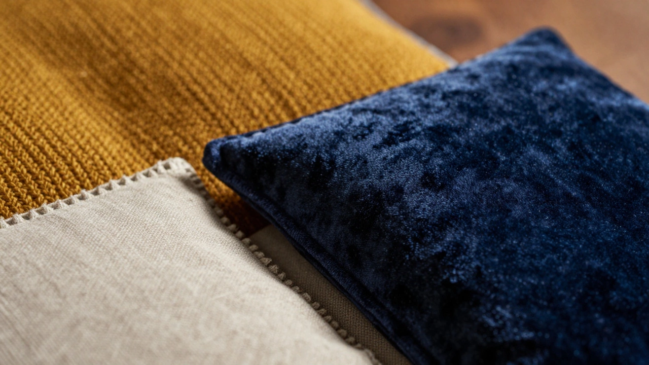 Close-up of varied cushion fabrics including velvet, knit, and linen textures.