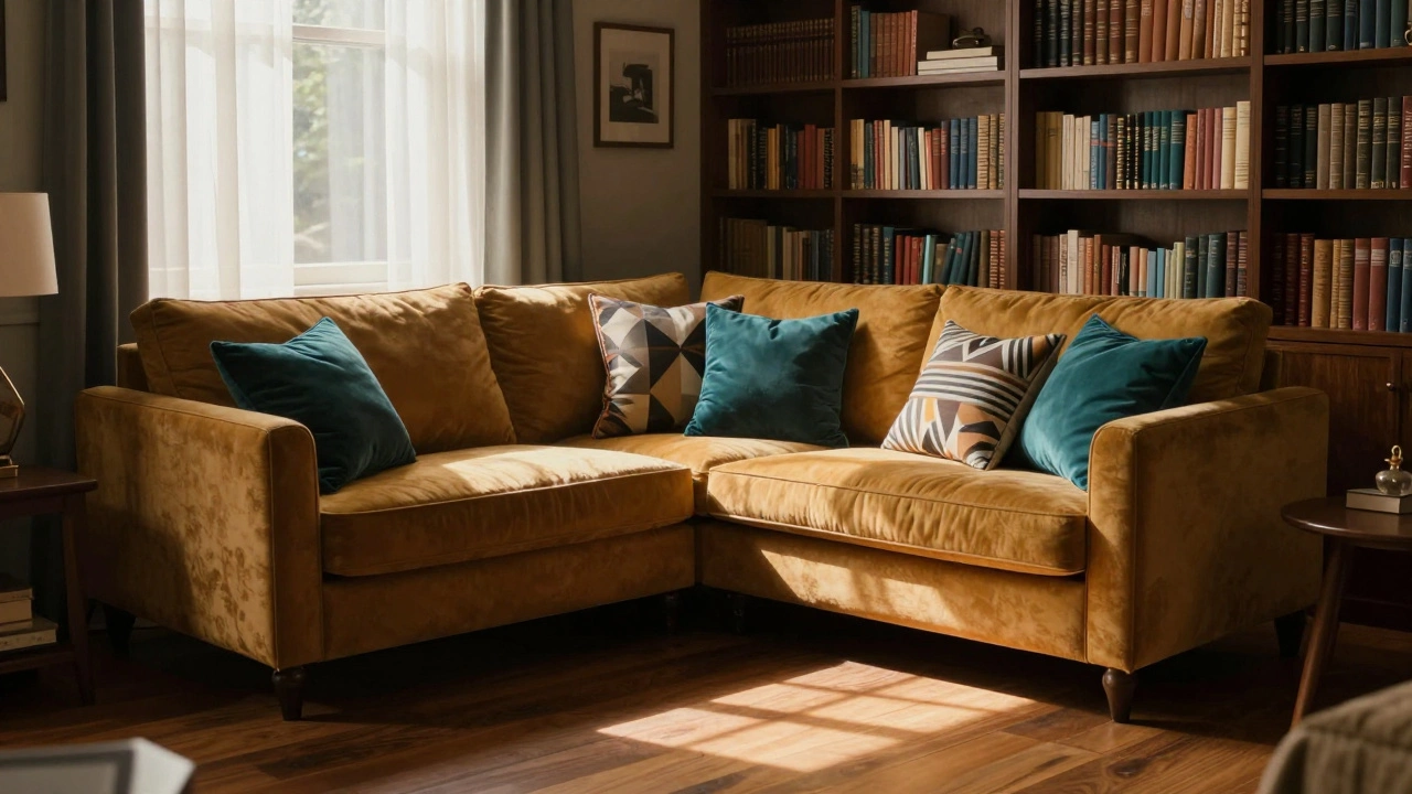 Cozy living room corner with mixed pattern cushions on an L-shaped sofa.