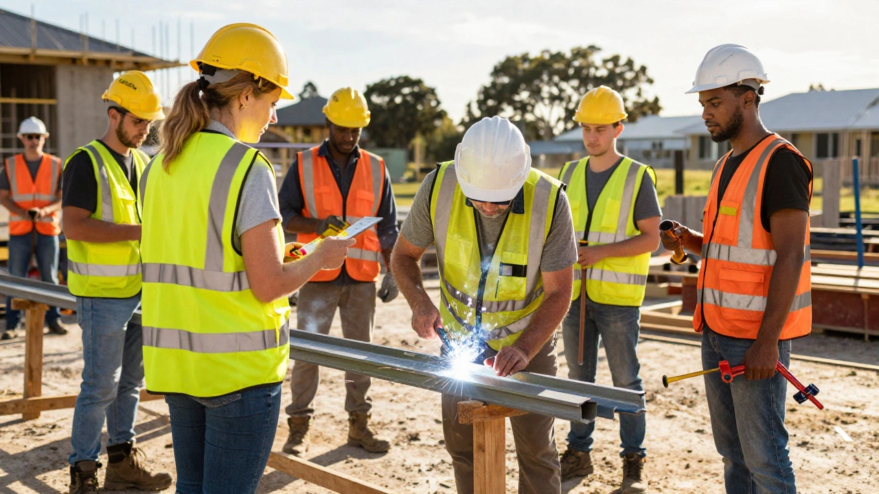 Diverse construction team working on a housing site in Auckland, golden afternoon light, safety gear and tools in focus.