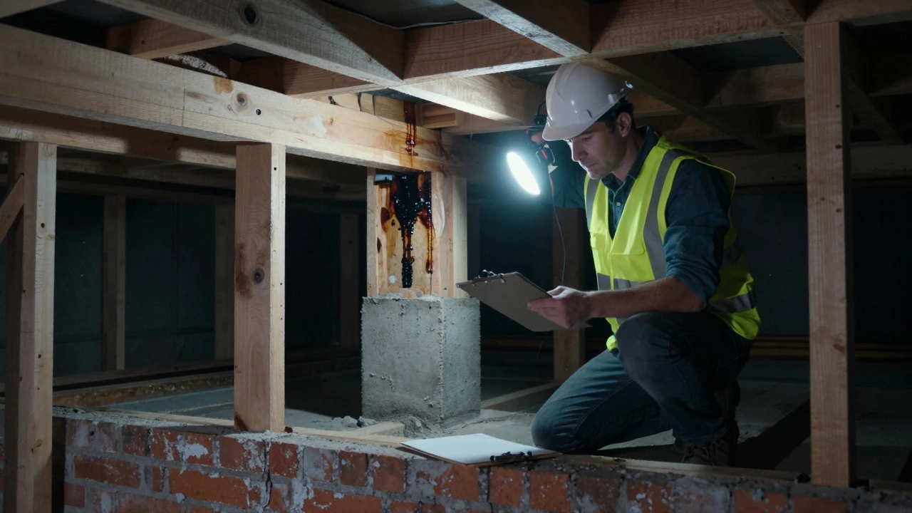 Engineer inspecting rotten timber joists in a basement crawlspace.
