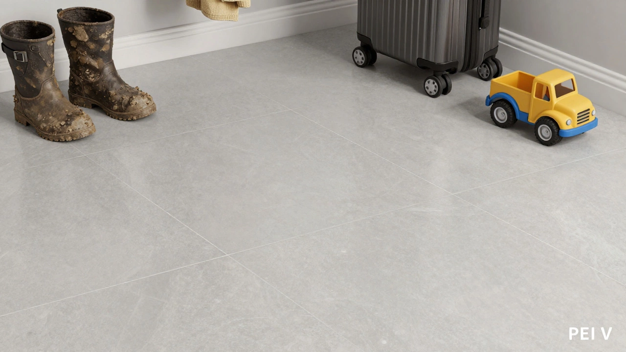 Mudroom with porcelain tile floor showing boots and toys without scratches.