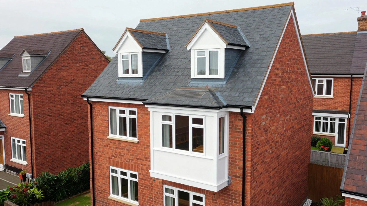 Rear view of brick house with new dormer window extension on roof