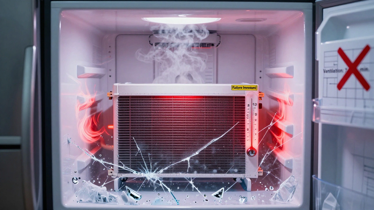 Refrigerator sealed in a ventilated cabinet with overheating coils and ice crystals forming outside.