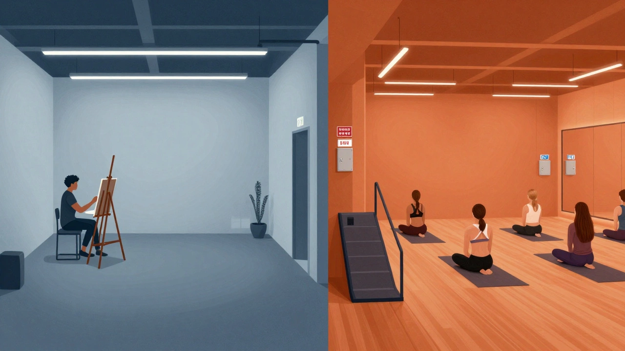 Side-by-side comparison of a private art studio and a yoga studio showing commercial vs non-commercial features.