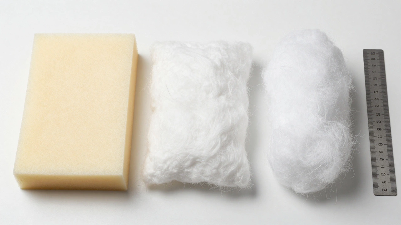 Three types of cushion filling displayed side by side with a ruler for scale.