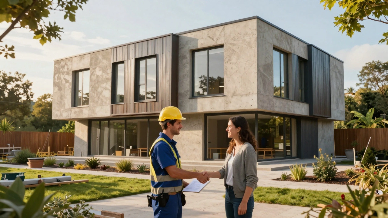 A contractor and homeowner shaking hands at a sustainable, eco-friendly building site.