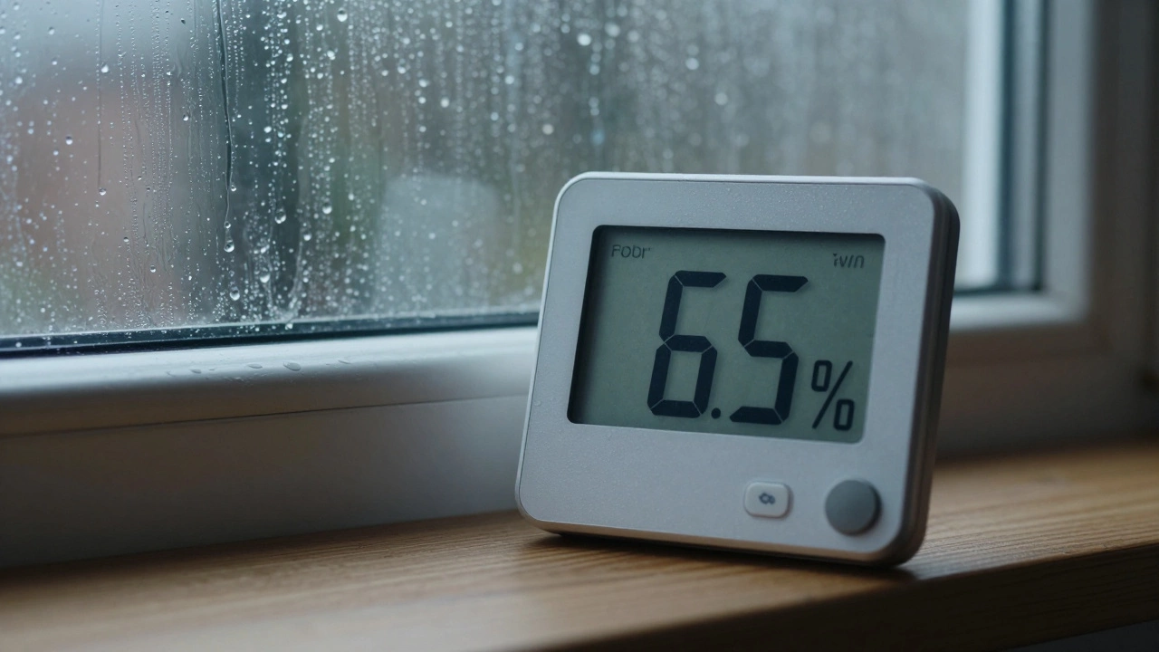A digital hygrometer showing high humidity next to a foggy window