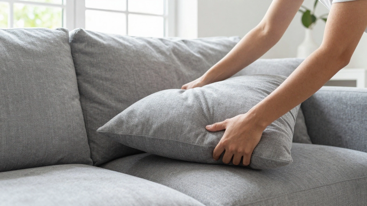 A person rotating the cushions on a grey sofa in a bright living room.