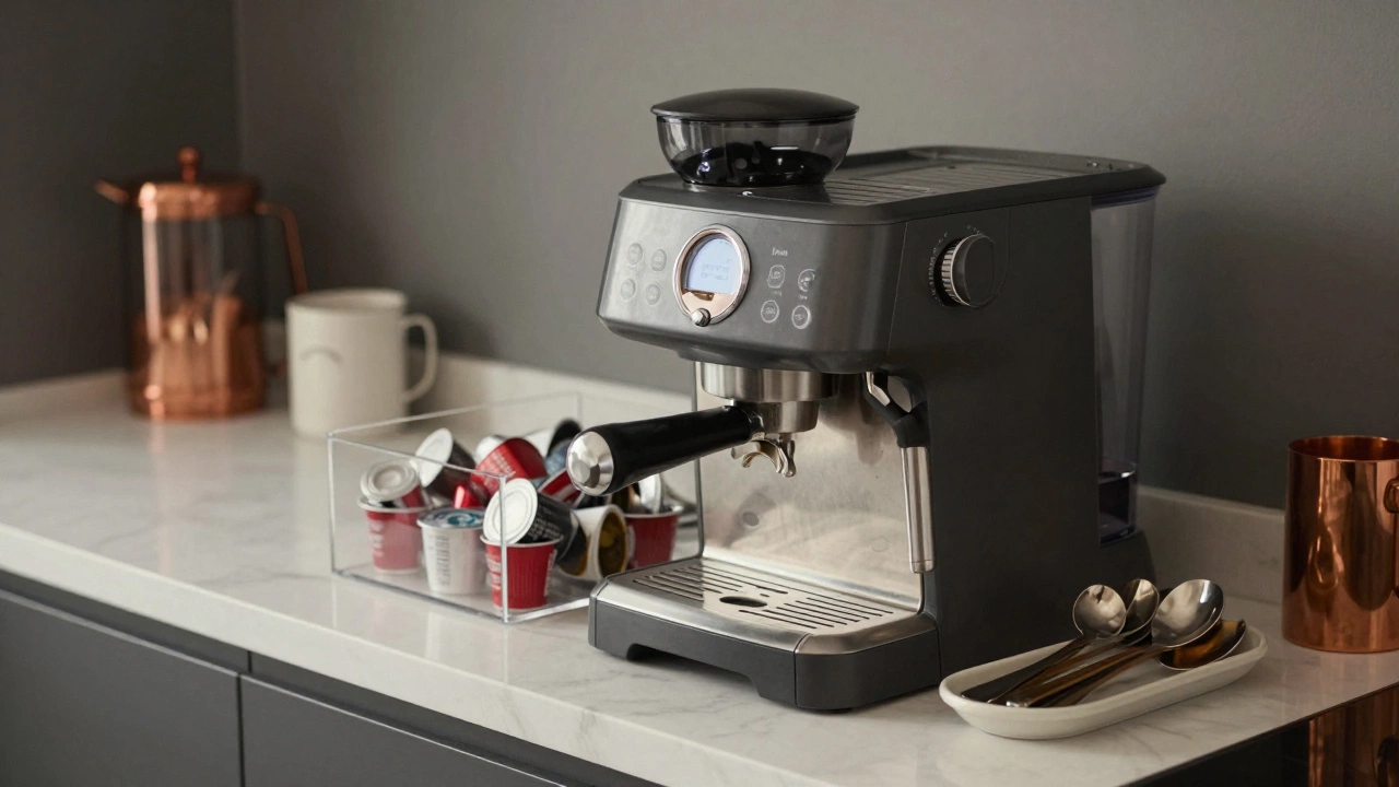 An organized coffee station in a modern kitchen illustrating point of use storage for efficiency.