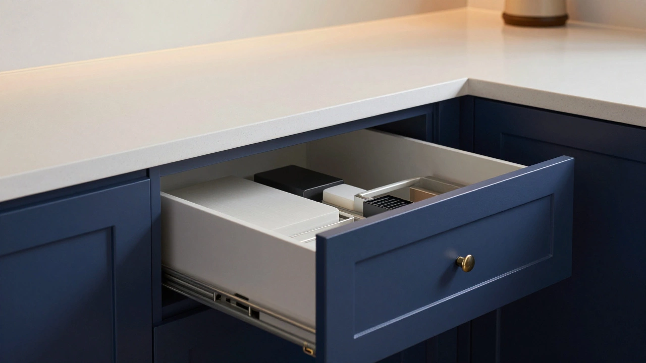Close-up of white quartz countertops, navy shaker cabinets, and an organized pull-out drawer.