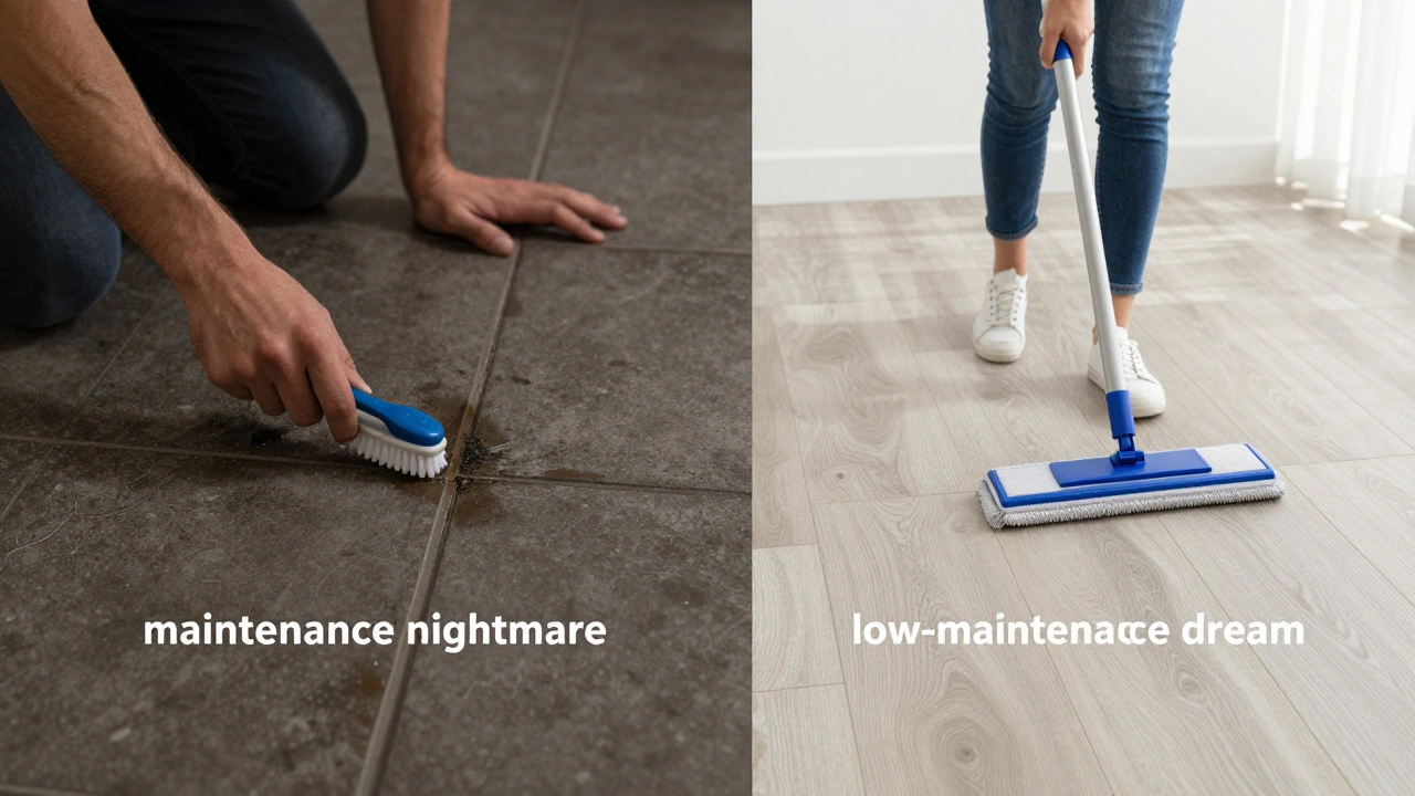 Comparison between a person scrubbing grout and someone easily mopping a low-maintenance floor