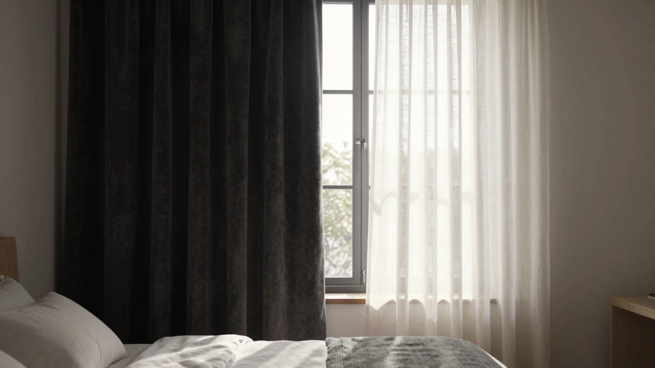 Comparison of heavy floor-length blackout curtains and light apron-length curtains