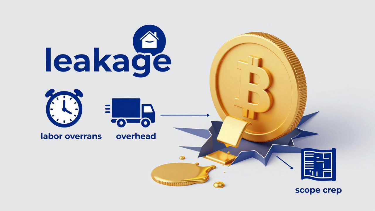 Conceptual illustration of profit leaking from a gold coin due to business overheads.