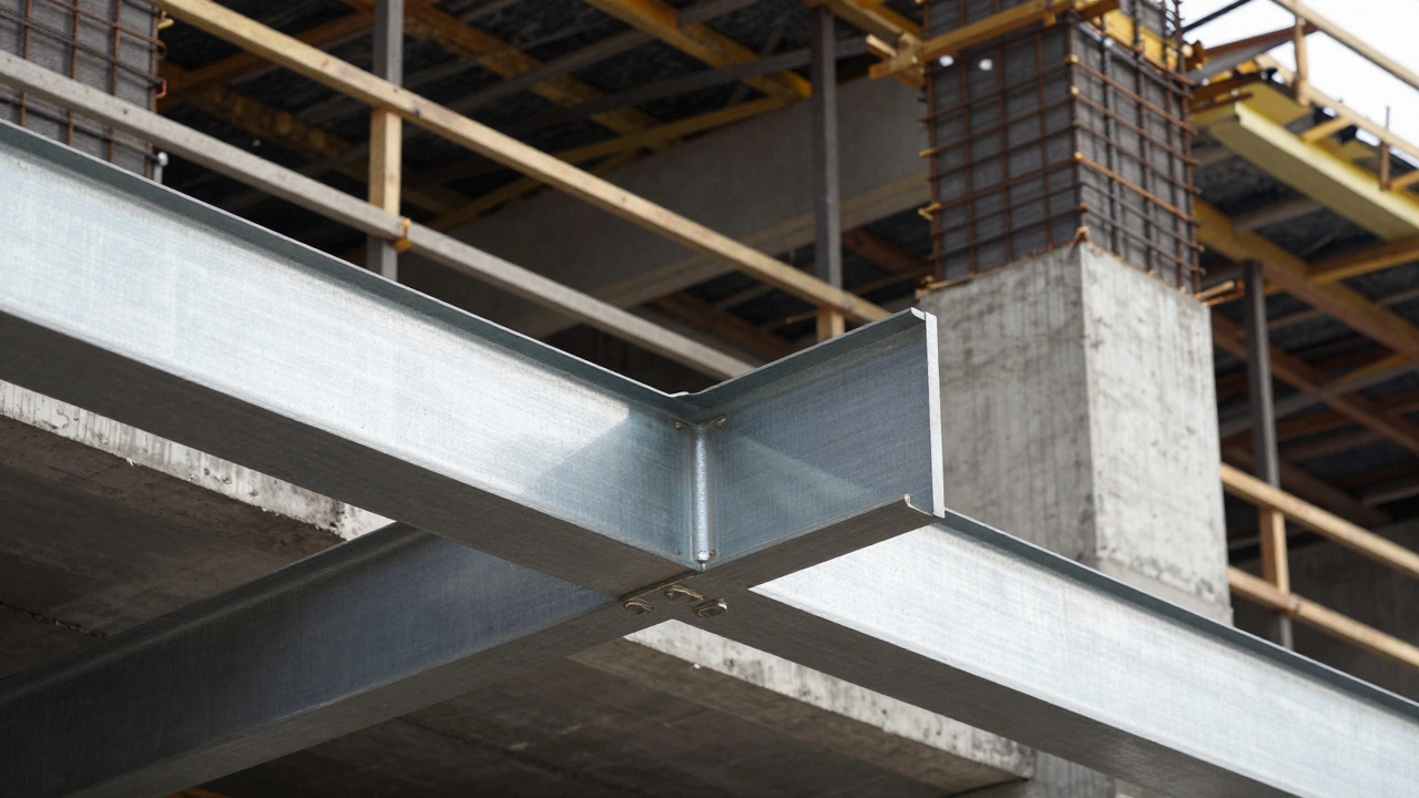 Construction site showing a steel I-beam being installed next to a reinforced concrete core.