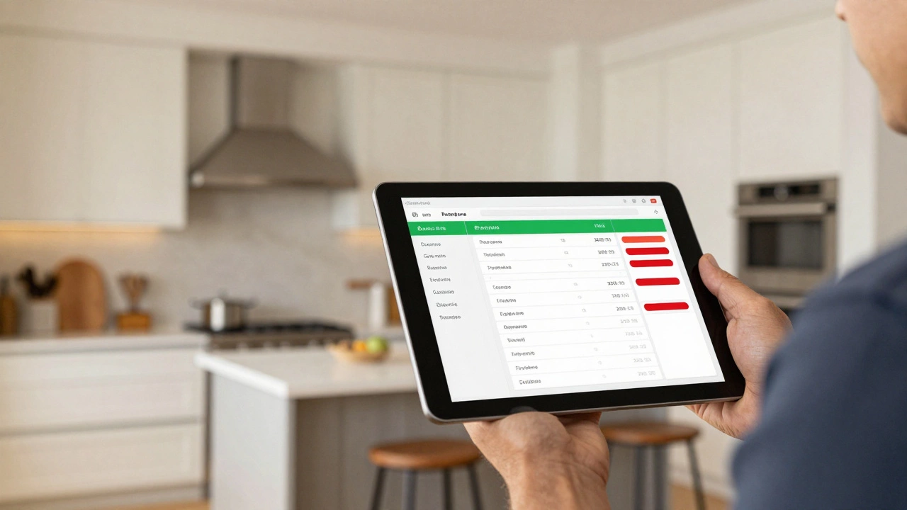 Contractor using a tablet to track project margins in a luxury renovated kitchen.