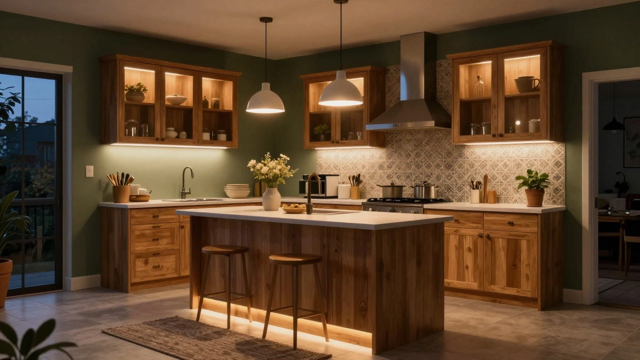 Cozy kitchen at dusk with layered pendant, under-cabinet, and accent lighting.