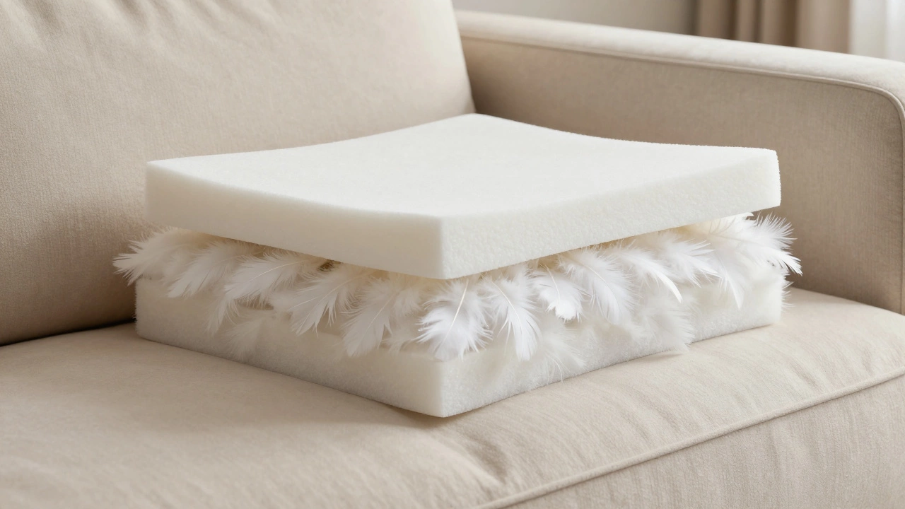 Cross-section diagram of a cushion with foam core, down wrap, and memory foam top.