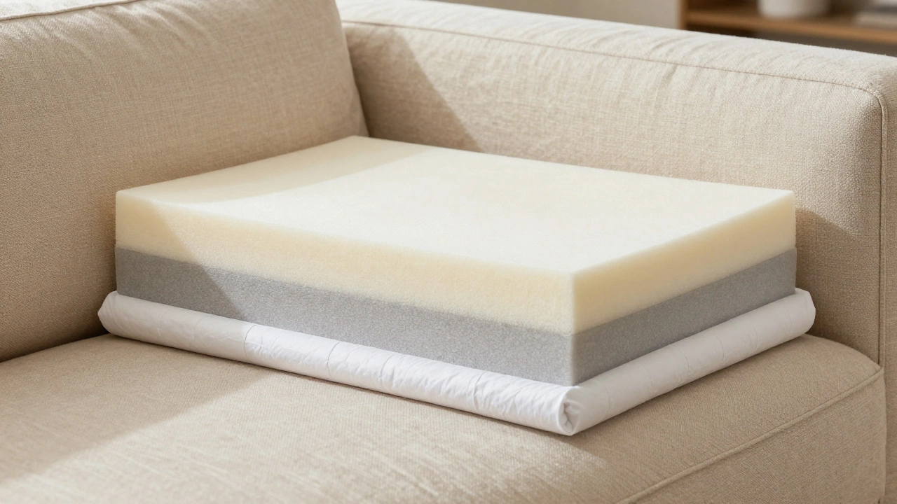 Cross-section of a sofa cushion showing a high-density foam base and a softer top layer.