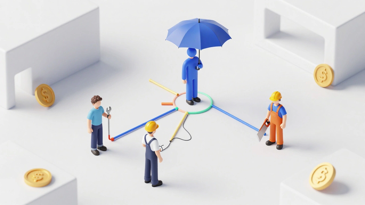 Isometric illustration showing a general contractor coordinating various trade subcontractors.