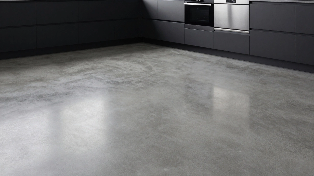 Low-angle view of a seamless, reflective polished concrete floor in a modern kitchen
