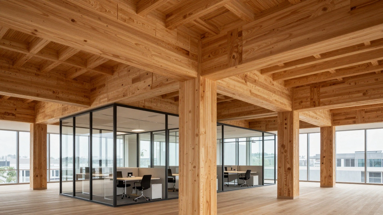 Modern office interior with large sustainable mass timber beams and glass walls.