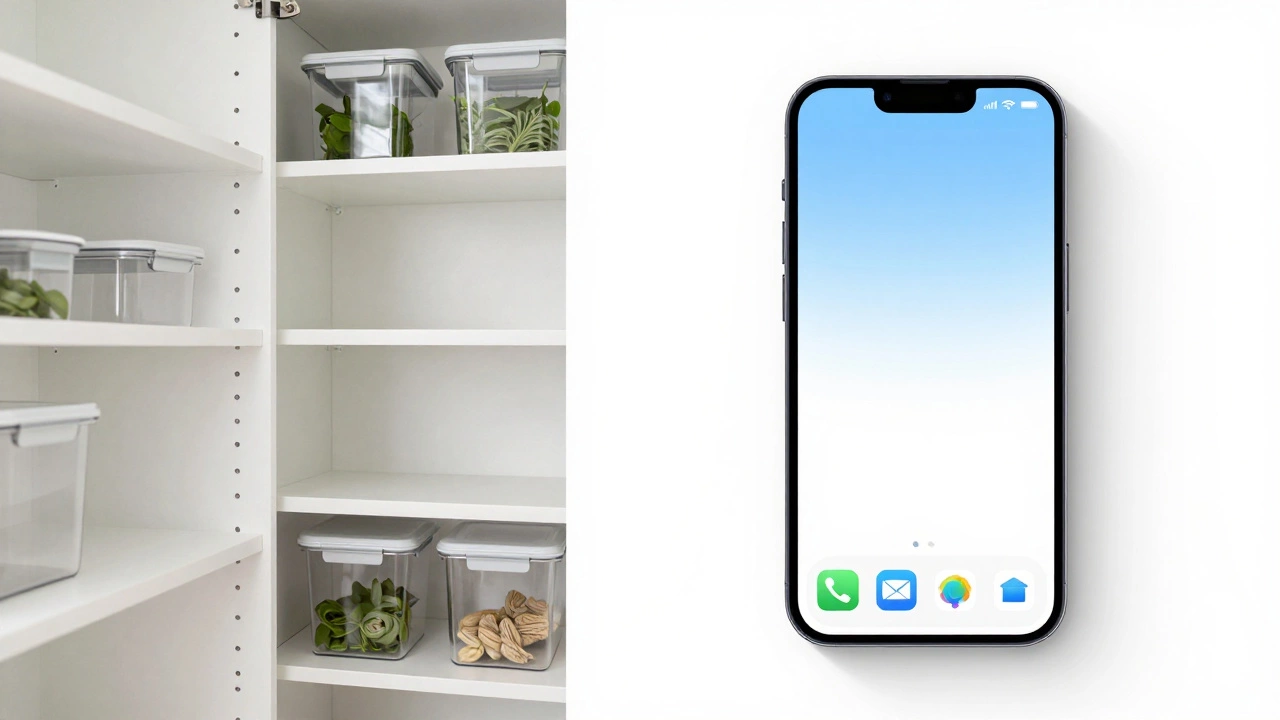 Split view of an organized kitchen pantry and a clean, simplified smartphone home screen.