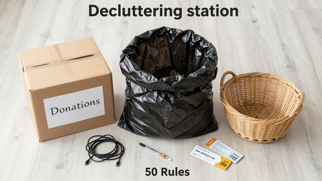 Three sorting bins for donations, trash, and relocation surrounded by small household clutter.